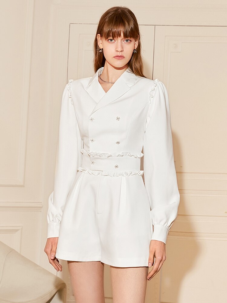 TWOTWINSTYLE Korean Fashion Playsuits For Women Notched Collar Long Sleeve High Waist Ruched Solid Minimalsit Playsuit Females