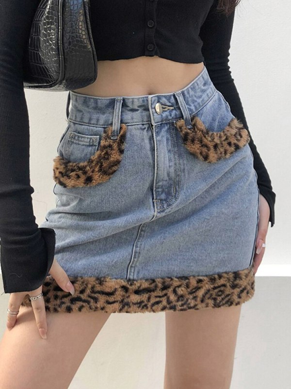 TWOTWINSTYLE Streetwear Patchwork Leopard Denim Skirt For Women High Waist A Line Mini Skirts Female Clothing Fashion 2022 Style