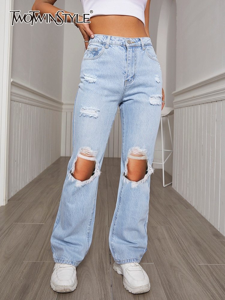 TWOTWINSTYLE Cut Out Solid Wide Leg Jeans For Women High Waist Hole Hollow Out Loose Denim Trousers Female Fashion Clothing 2022