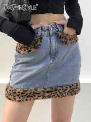 TWOTWINSTYLE Streetwear Patchwork Leopard Denim Skirt For Women  Fashion 2022 Style