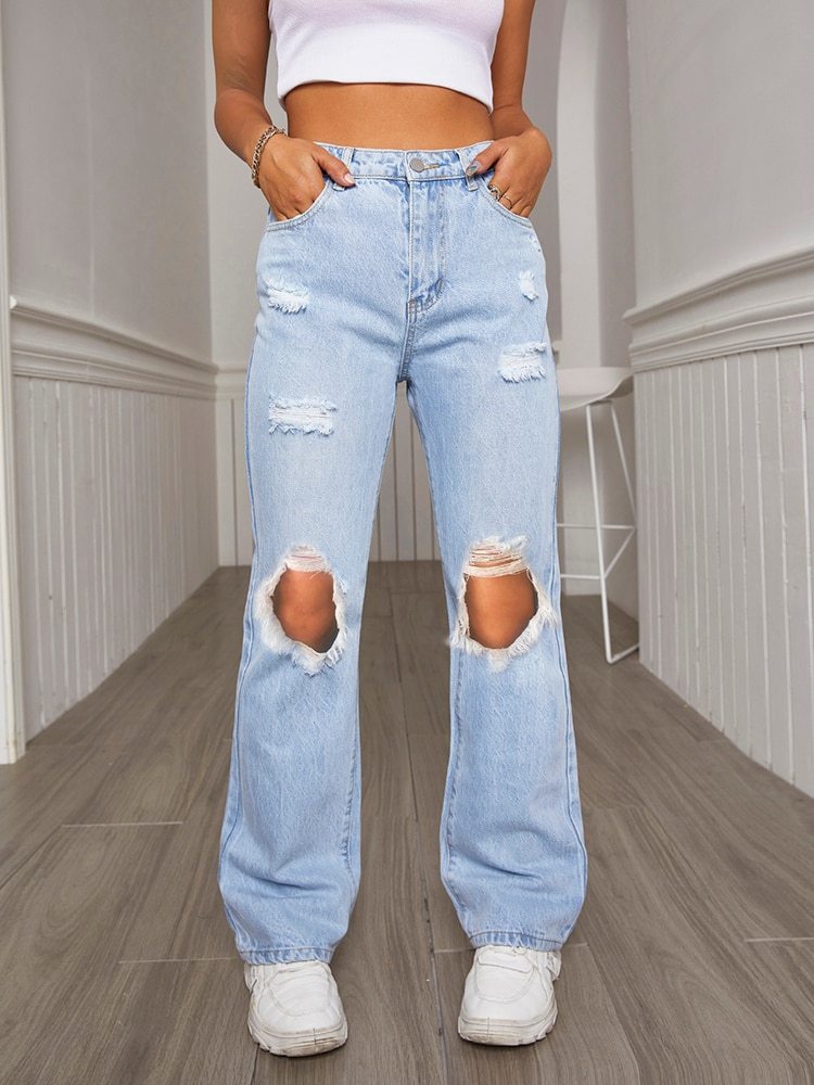 TWOTWINSTYLE Cut Out Solid Wide Leg Jeans For Women High Waist Hole Hollow Out Loose Denim Trousers Female Fashion Clothing 2022