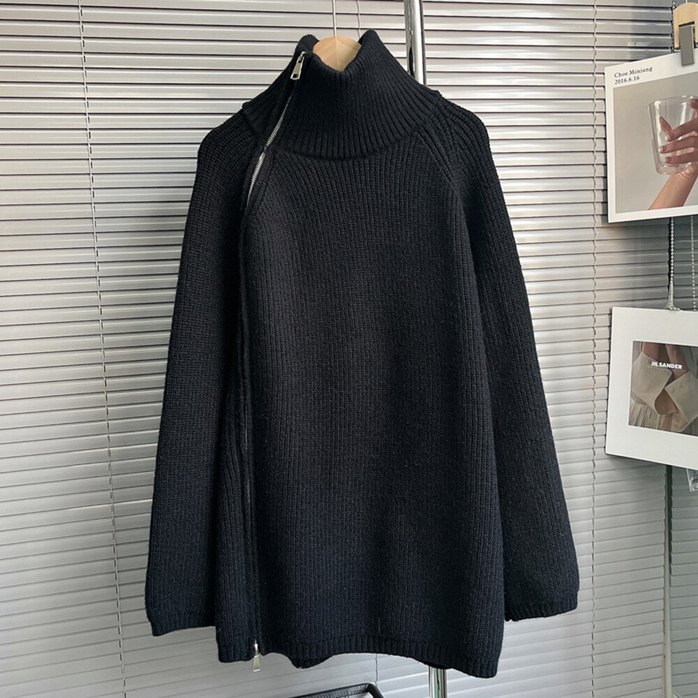 TWOTWINSTYLE Slim Knitting Sweater For Women Turtleneck Long Sleeve Solid Minimalsit Patchwork Zipper Cardigan Female Clothing
