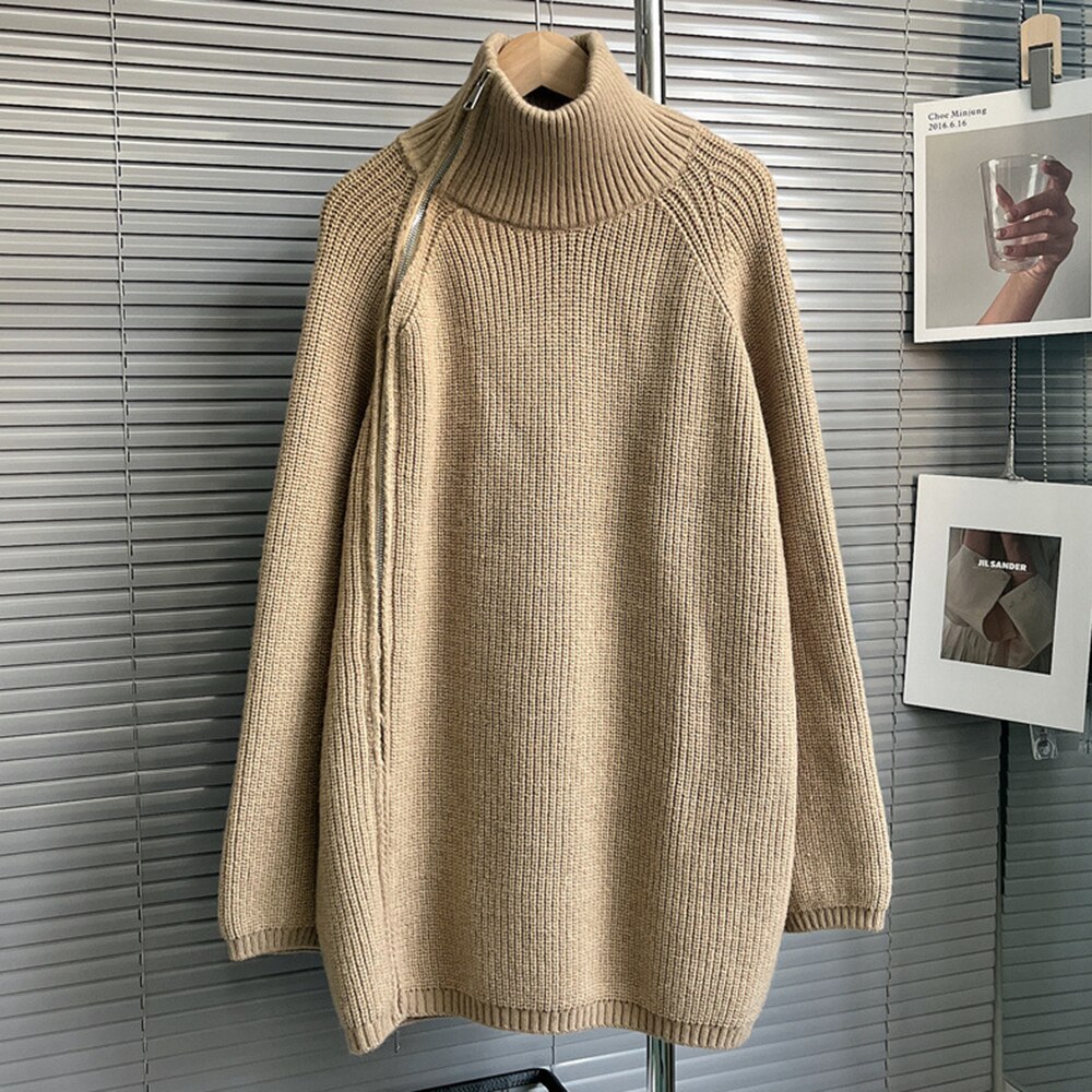 TWOTWINSTYLE Slim Knitting Sweater For Women Turtleneck Long Sleeve Solid Minimalsit Patchwork Zipper Cardigan Female Clothing
