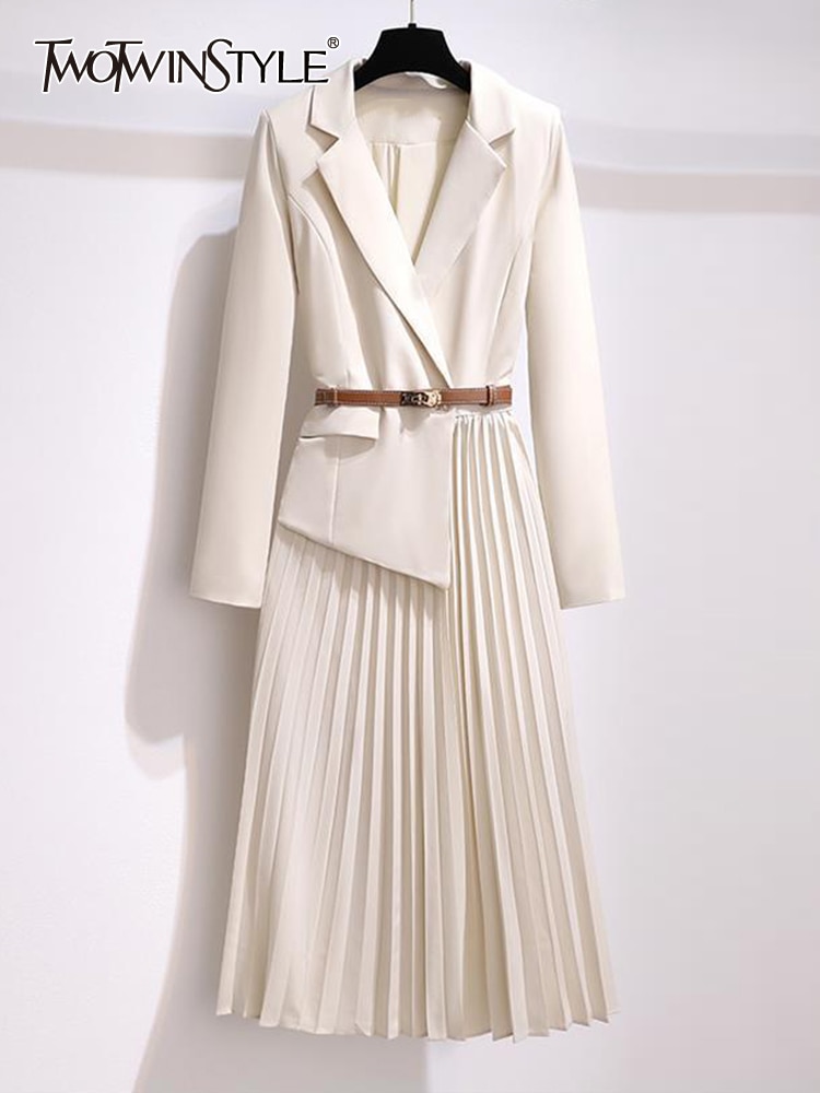 TWOTWINSTYLE Elegant Korean Dress For Women Notched Collar Long Sleeve ...