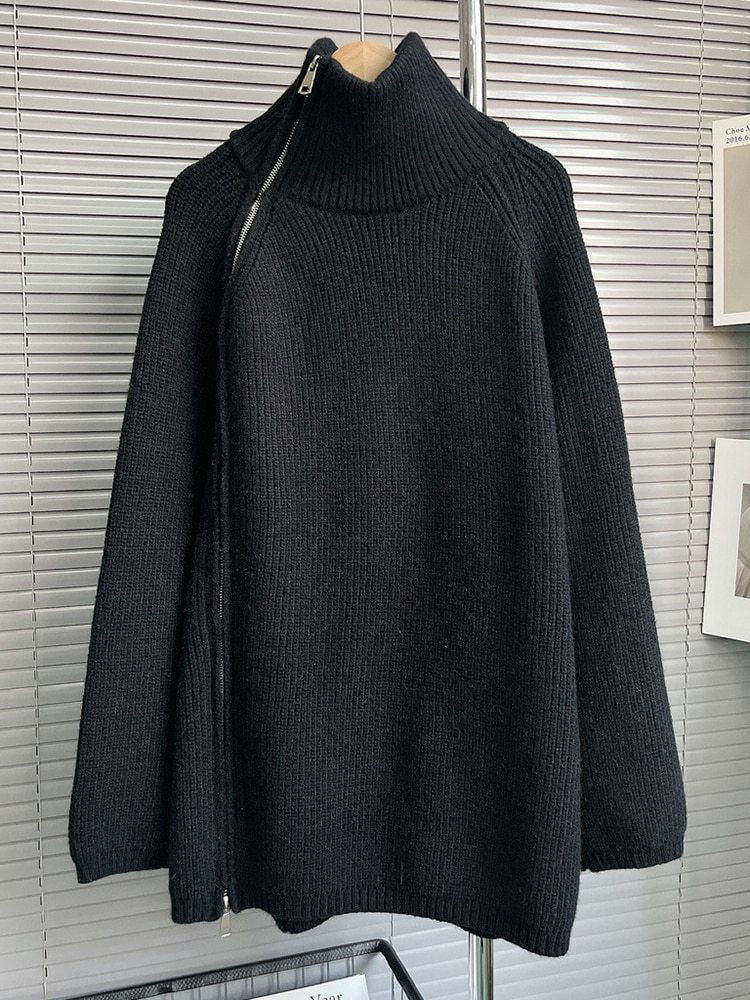 TWOTWINSTYLE Slim Knitting Sweater For Women Turtleneck Long Sleeve Solid Minimalsit Patchwork Zipper Cardigan Female Clothing