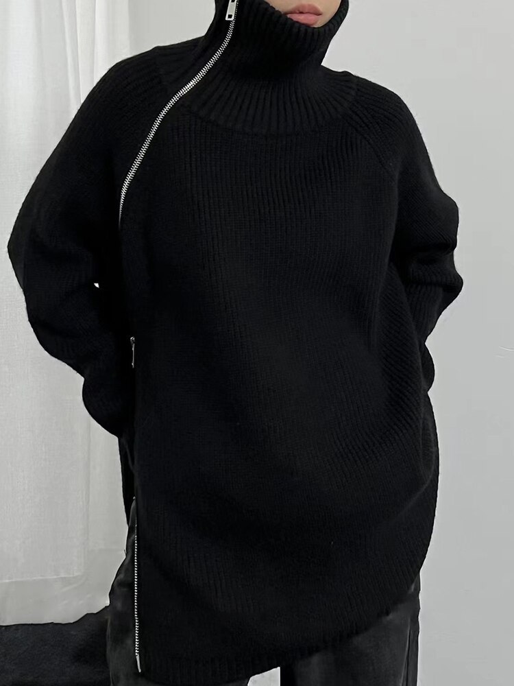 TWOTWINSTYLE Slim Knitting Sweater For Women Turtleneck Long Sleeve Solid Minimalsit Patchwork Zipper Cardigan Female Clothing