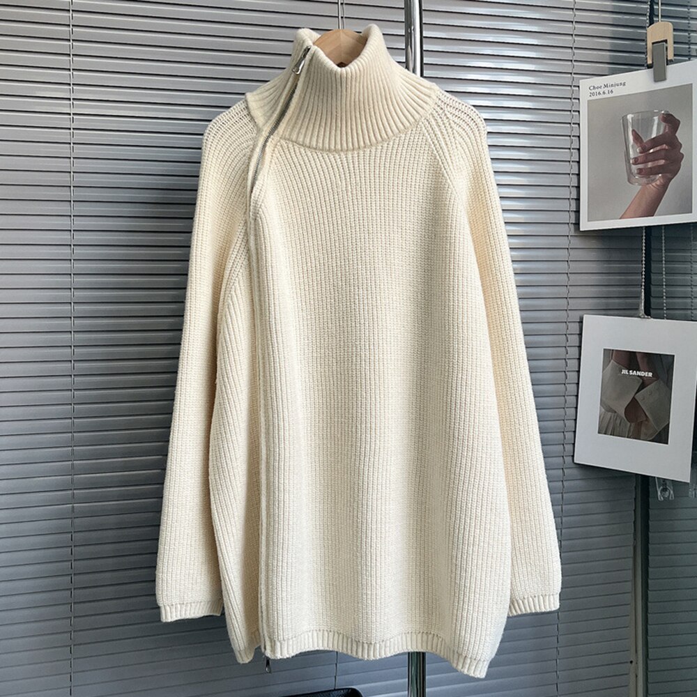 TWOTWINSTYLE Slim Knitting Sweater For Women Turtleneck Long Sleeve Solid Minimalsit Patchwork Zipper Cardigan Female Clothing