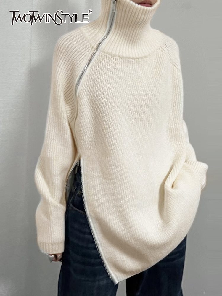 TWOTWINSTYLE Slim Knitting Sweater For Women Turtleneck Long Sleeve Solid Minimalsit Patchwork Zipper Cardigan Female Clothing