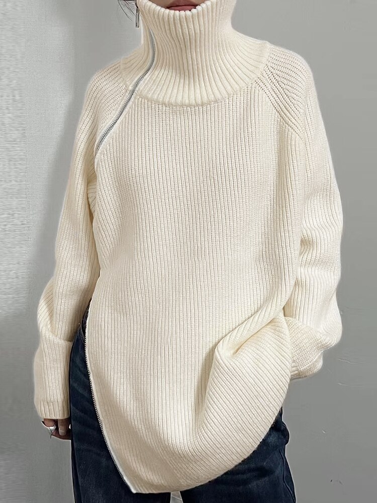 TWOTWINSTYLE Slim Knitting Sweater For Women Turtleneck Long Sleeve Solid Minimalsit Patchwork Zipper Cardigan Female Clothing