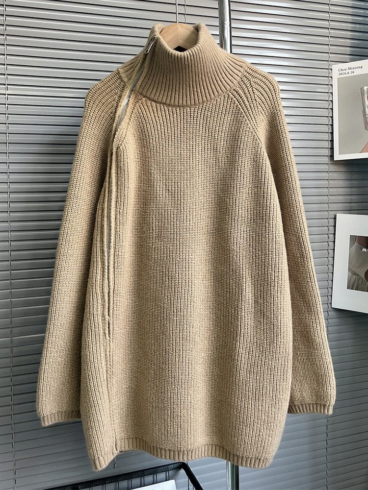 TWOTWINSTYLE Slim Knitting Sweater For Women Turtleneck Long Sleeve Solid Minimalsit Patchwork Zipper Cardigan Female Clothing
