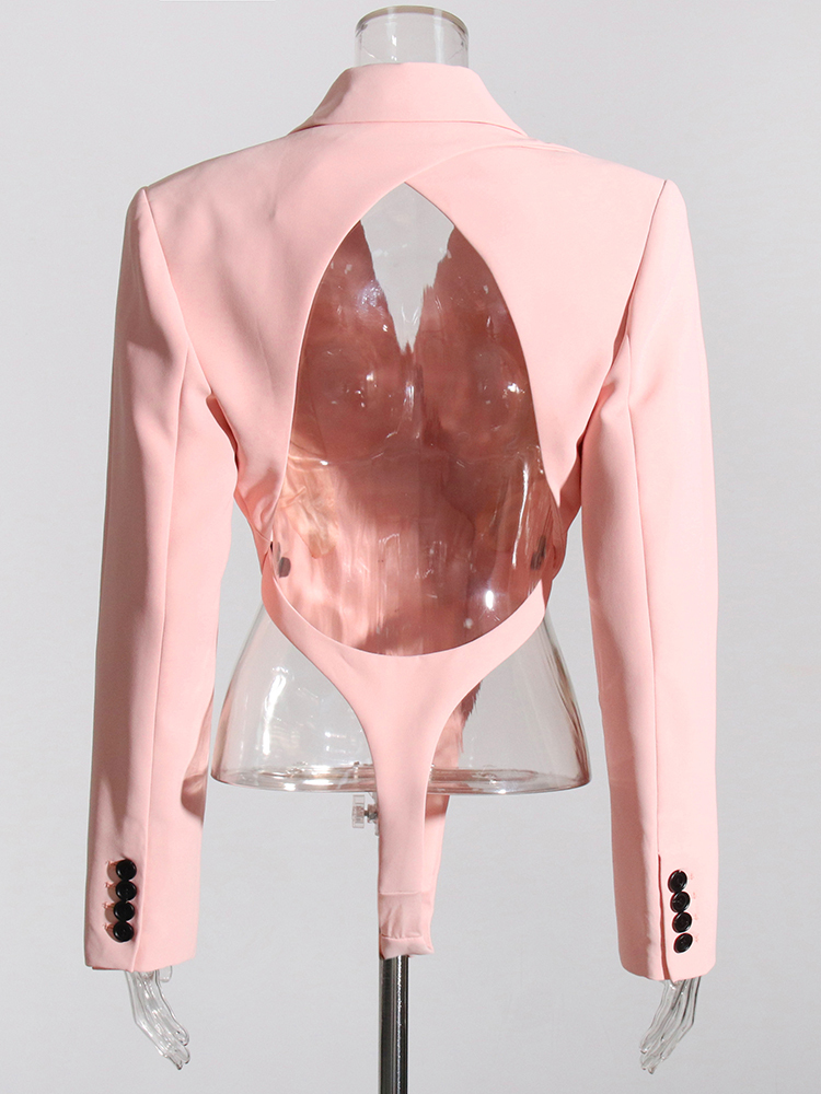 TWOTWINSTYLE Backless Sexy Bodysuits For Women Notched Collar Long Sleeve Shoulder Pad Solid Minimalist One-piece Suit Jacket Female 2023 New Fashion