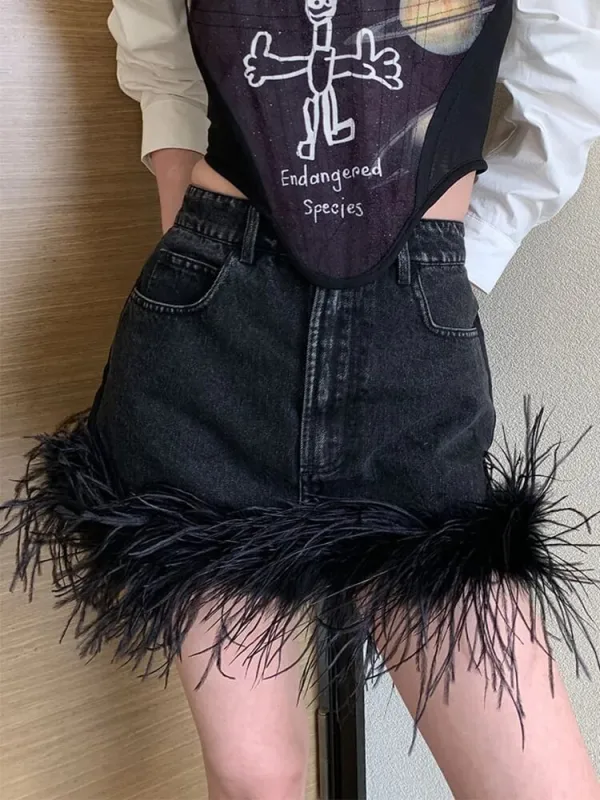 TWOTWINSTYLE women Denim miniskirt with feathers new summer skirts