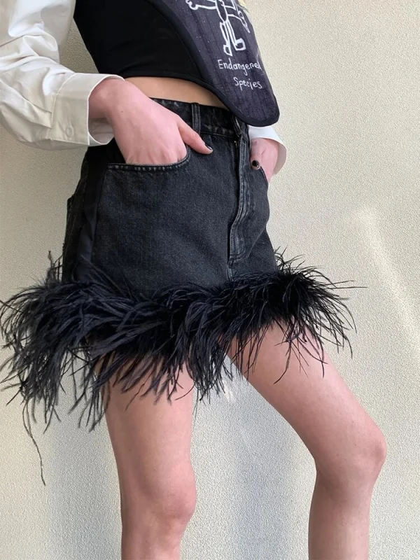 TWOTWINSTYLE women Denim miniskirt with feathers new summer skirts