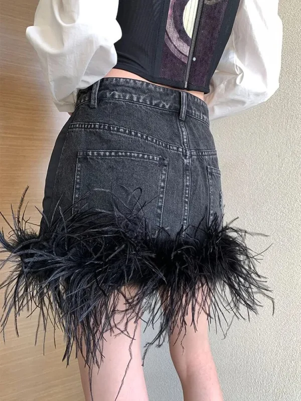 TWOTWINSTYLE women Denim miniskirt with feathers new summer skirts