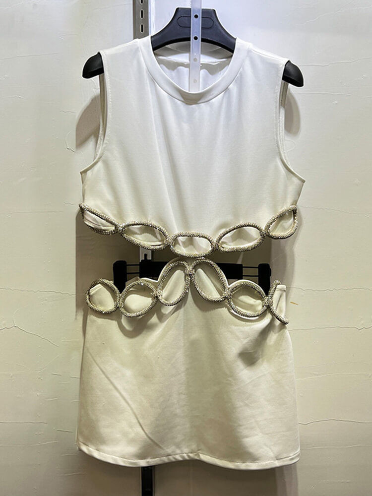 TWOTWINSTYLE Slim Hollow Out Dresses For Women Round Neck Sleeveless High Waist A Line Mini Dress Female Summer Fashion 2023 New