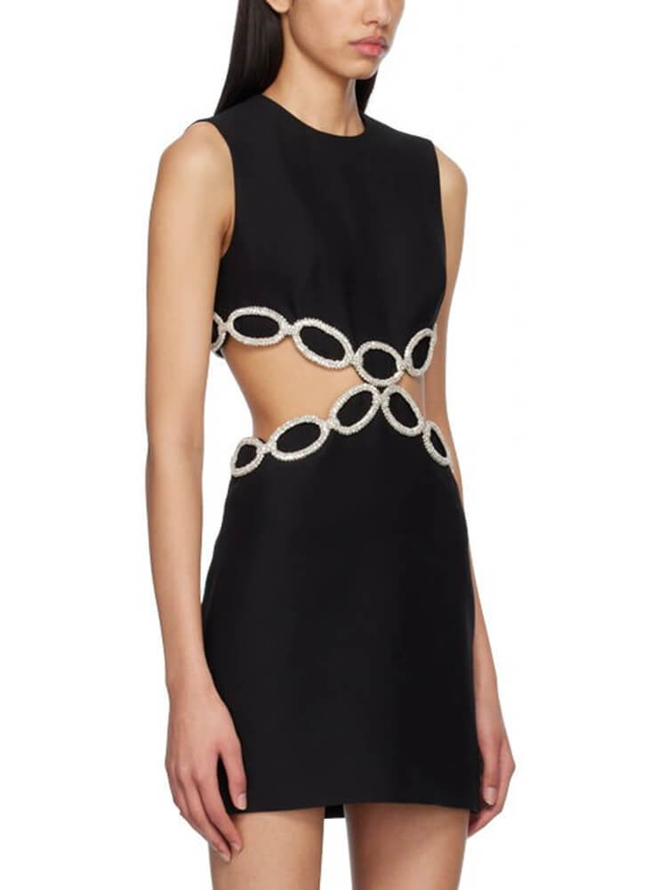 TWOTWINSTYLE Slim Hollow Out Dresses For Women Round Neck Sleeveless High Waist A Line Mini Dress Female Summer Fashion 2023 New