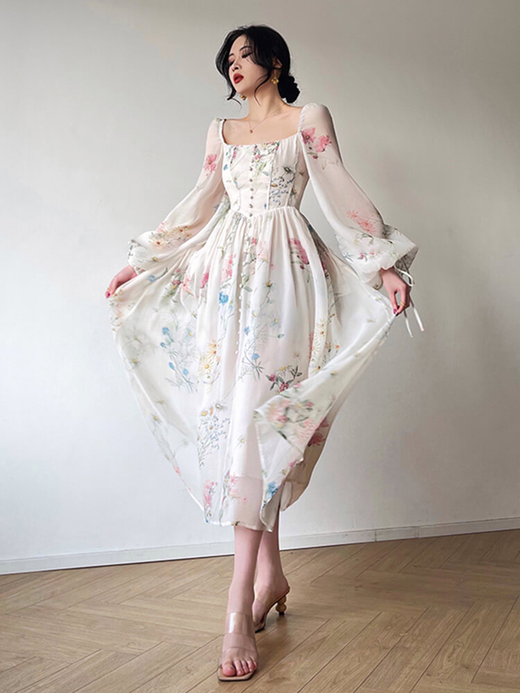 Hit Color Print Loose Strap Pleated Mid Dress