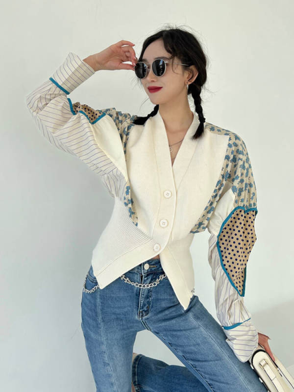 TWOTWINSTYLE Patchwork Colorblock Shirt For Women V Neck Long Sleeve Loose Blouses Female Fashion Spring Clothing Style New 2022