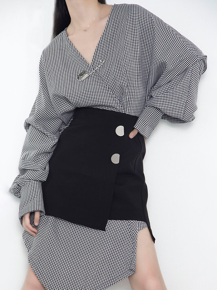 TWOTWINSTYLE Casual Two Piece Sets For Women V Neck Long Sleeve Plaid Irregular Tosp High Waist Mini Skirt Slim Set Female New