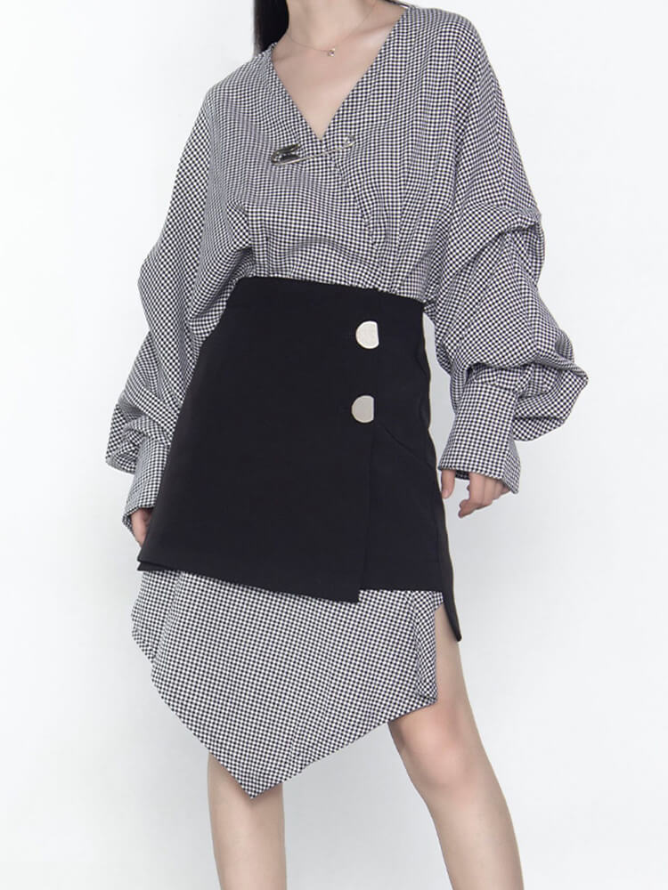 TWOTWINSTYLE Casual Two Piece Sets For Women V Neck Long Sleeve Plaid Irregular Tosp High Waist Mini Skirt Slim Set Female New