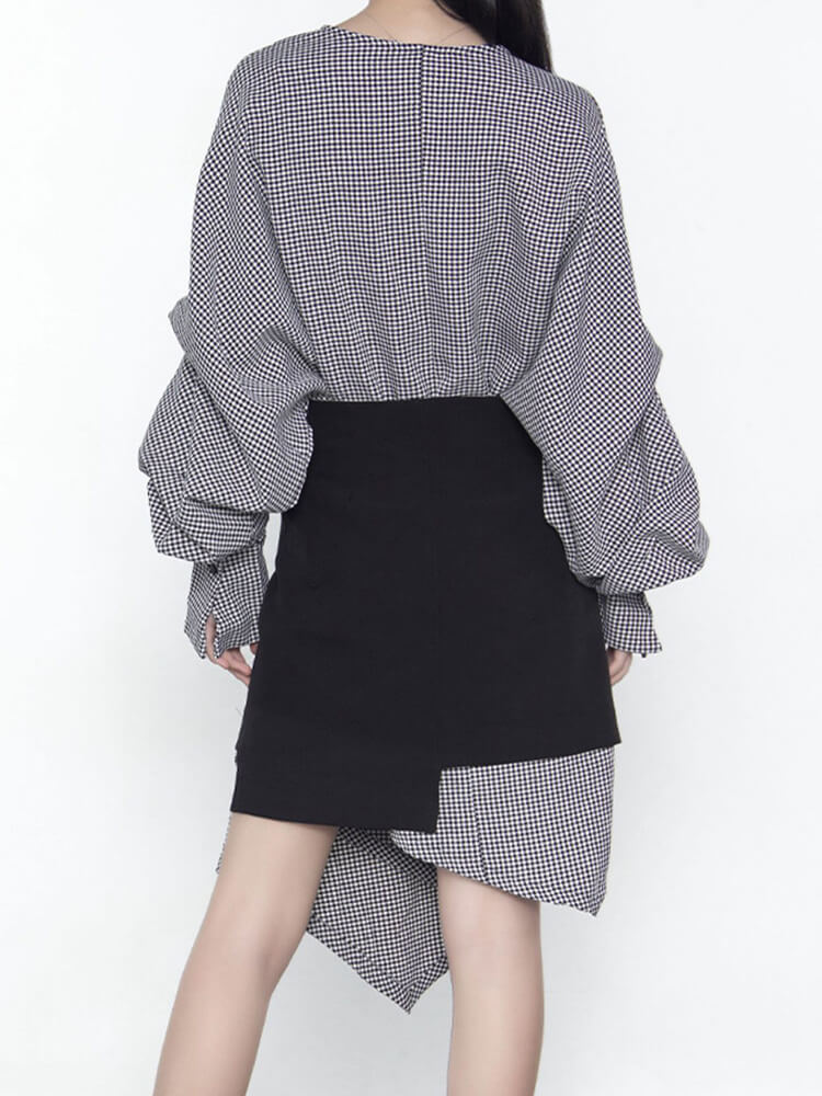 TWOTWINSTYLE Casual Two Piece Sets For Women V Neck Long Sleeve Plaid Irregular Tosp High Waist Mini Skirt Slim Set Female New