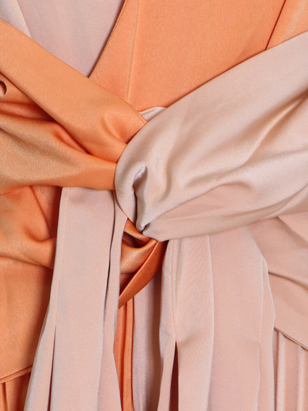 TWOTWINSTYLE Casual Colorblock Dress For Women V Neck Long Flare Sleeve Sashes High Waist Midi Pleated Dresses Female Spring New