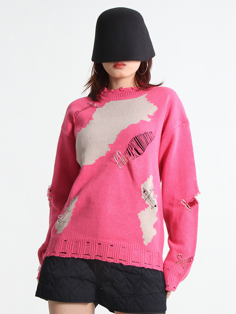 TWOTWINSTYLE Cut Out Streetwear Sweater For Women Round Neck Long Sleeve Tie Dye Patchwork Pin Knitting Pullover Female Clothing
