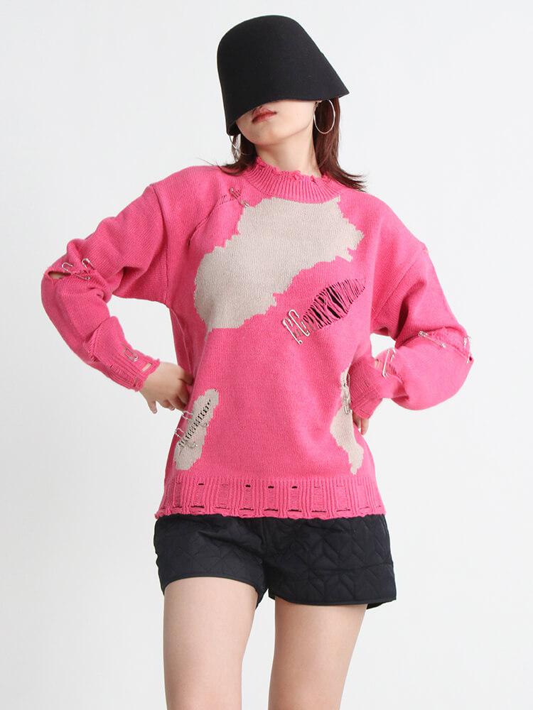 TWOTWINSTYLE Cut Out Streetwear Sweater For Women Round Neck Long Sleeve Tie Dye Patchwork Pin Knitting Pullover Female Clothing