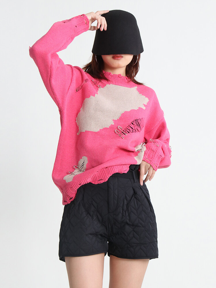 TWOTWINSTYLE Cut Out Streetwear Sweater For Women Round Neck Long Sleeve Tie Dye Patchwork Pin Knitting Pullover Female Clothing