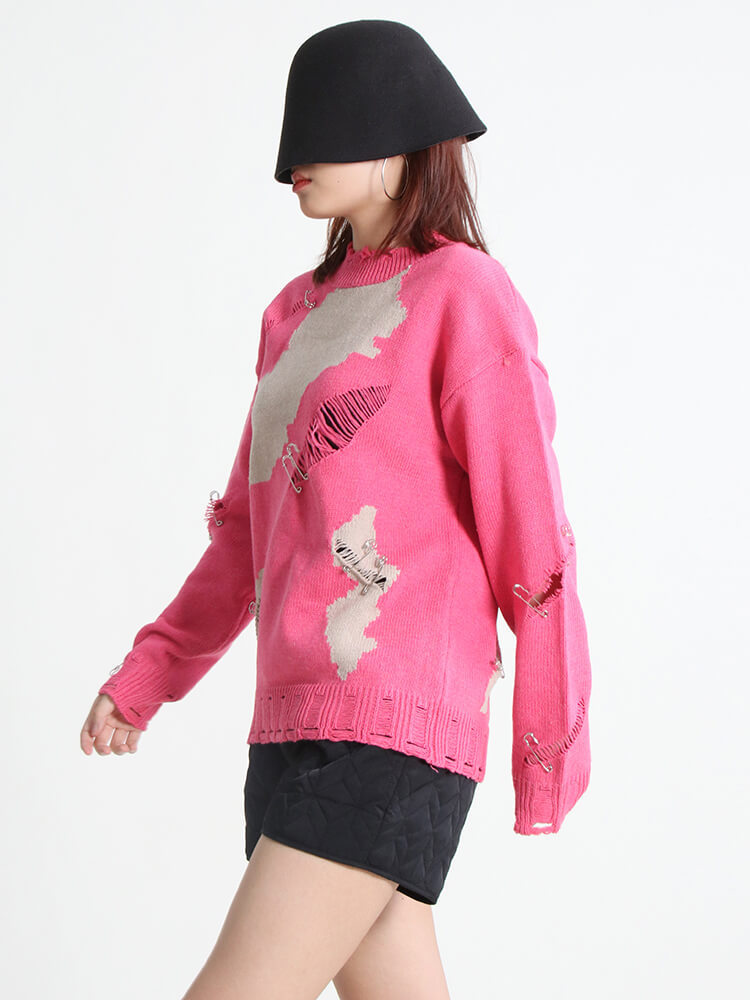 TWOTWINSTYLE Cut Out Streetwear Sweater For Women Round Neck Long Sleeve Tie Dye Patchwork Pin Knitting Pullover Female Clothing