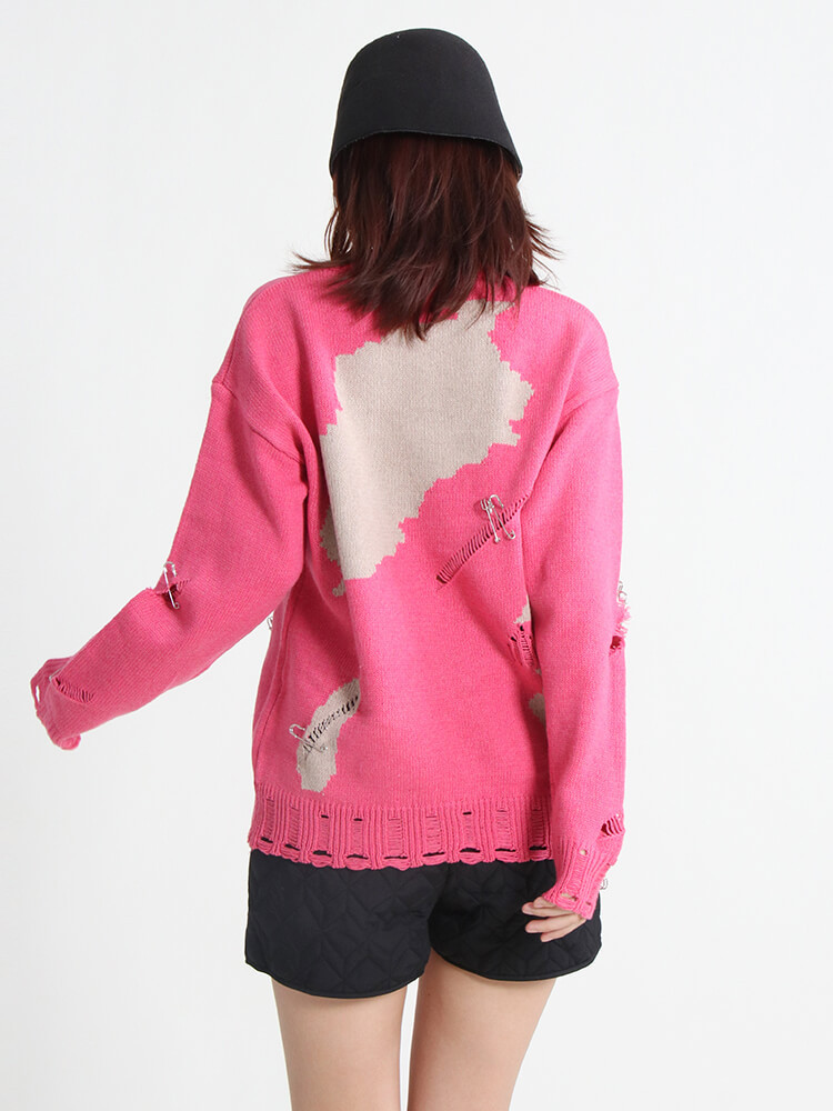 TWOTWINSTYLE Cut Out Streetwear Sweater For Women Round Neck Long Sleeve Tie Dye Patchwork Pin Knitting Pullover Female Clothing