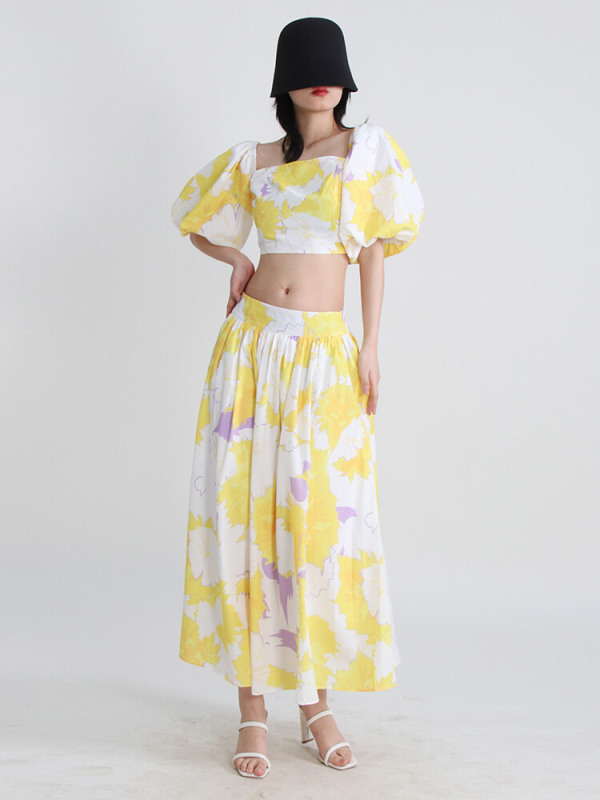 TWOTWINSTYLE Hit Color Two Piece Sets For Women Square Collar Puff Sleeve Tops High Waist A Line Skirt Summer Set Female 2023