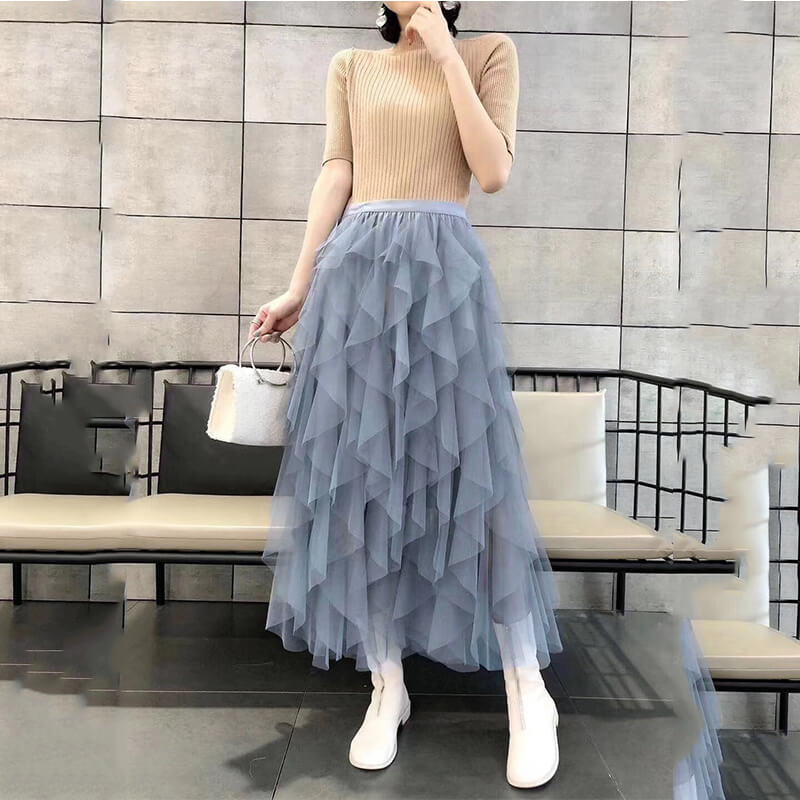 TWOTWINSTYLE Asymmetrical Mesh Skirts For Women High Waist Ankle Length Skirts Female Elegant Korean Fashion 2023 Clothing New