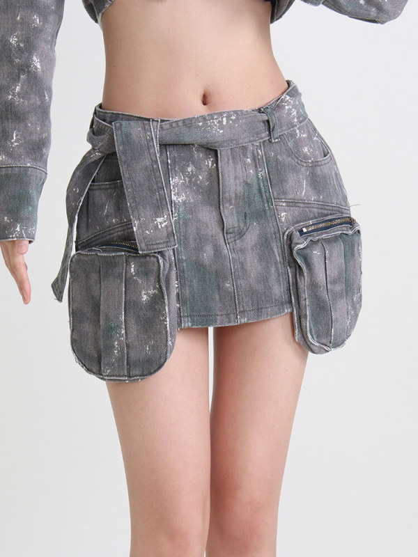 TWOTWINSTYLE A Line Skirts For Women High Waist Short Length Patchwork Lace Up Camouflage Denim Skirt Female Summer Fashion New