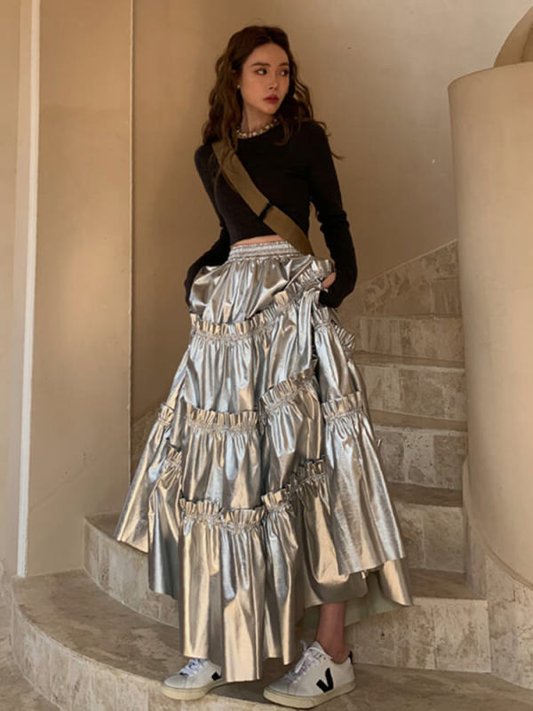 TWOTWINSTYLE A Line Loose Skirts For Women High Waist Folds Elegant Minimalist Skirt Female Fashion Style Clothing Summer 2023