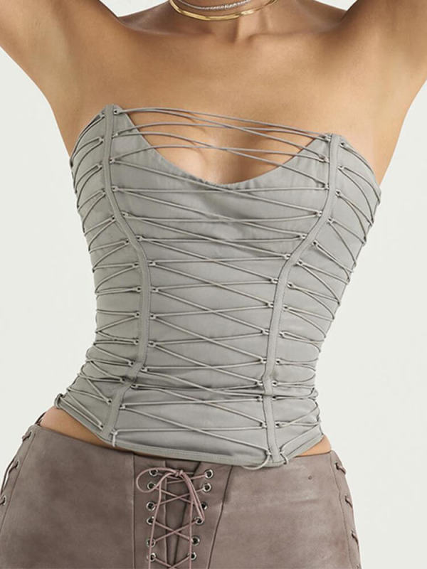 TWOTWINSTYLE Spliced Lace Up Tank Tops For Women Strapless Sleeveless Backless Sexy Pullover Vest Female Fashion Clothing New