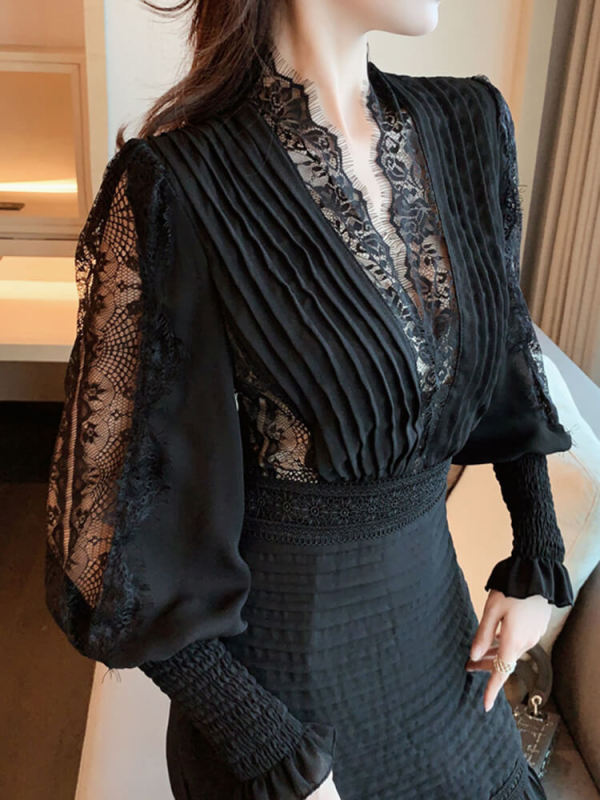 TWOTWINSTYLE Temperament Dresses For Women V Neck Long Sleeve High Waist Folds Tunic Spliced Lace Summer Dress Female Fashion