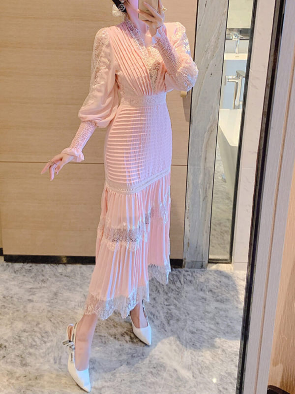 TWOTWINSTYLE Temperament Dresses For Women V Neck Long Sleeve High Waist Folds Tunic Spliced Lace Summer Dress Female Fashion