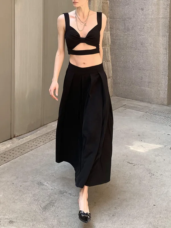 TWOTWINSTYLE Solid Two Piece Sets For Women Square Collar Sleeveless Vest High Waist A Line Skirt Sexy Set Female Fashion 2023