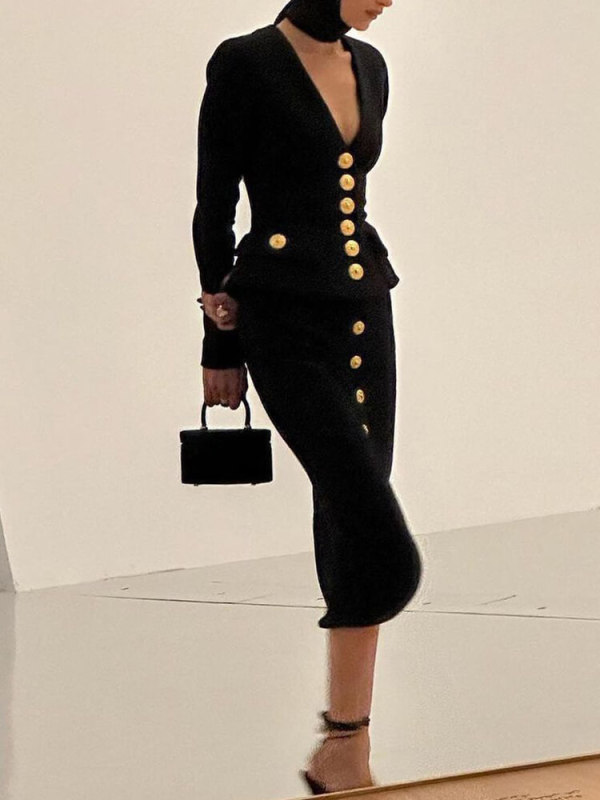 TWOTWINSTYLE Solid Two Piece Sets For Women V Neck Long Sleeve Tops High Waist A Line Irregular Hem Skirt Summer Set Female New