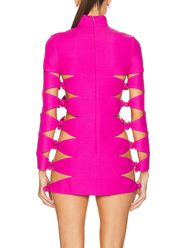 TWOTWINSTYLE Patchwork Bow Solid Dresses For Women Stand Collar Long Sleeve Hihg Waist Hollow Out Summer Dress Female Fashion