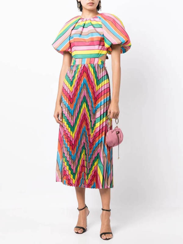 TWOTWINSTYLE Hit Color Dresses For Women Round Neck Puff Sleeve High Waist Hollow Out Dress Female Fashion Clothing Summer 2023