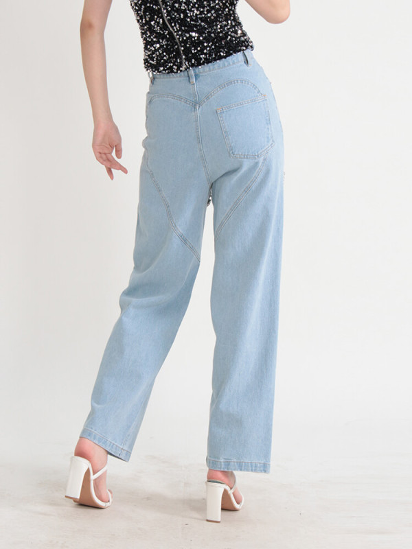 TWOTWINSTYLE Embroidered Flares Jeans For Women High Waist Patchwork Button Hollow Out Summer Wide Leg Pants Female Fashion New