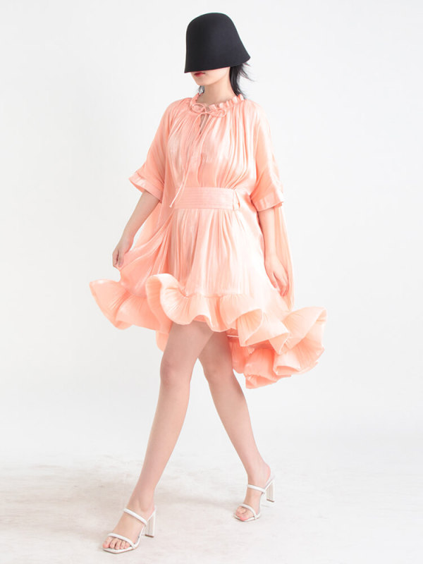 TWOTWINSTYLE Pleated A Line Dresses For Women Round Neck Short Sleeve High Waist Spliced Irregular Hem Solid Dress Female Summer