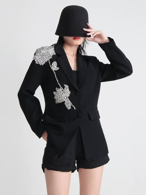 TWOTWINSTYLE Autumn Slim Blazers For Women Notched Collar Long Sleeve Patchwork Diamonds Chic Style Blazer Female Fashion 2023