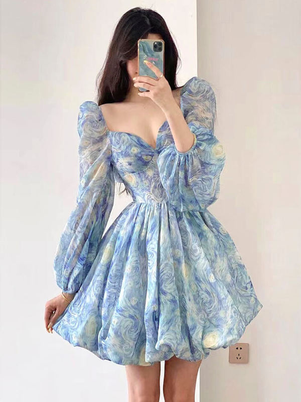 TWOTWINSTYLE Hollow Out Mini Dresses For Women Square Collat Puff Sleeve High Waist Spliced Bow Elegant Dress Female Fashion New