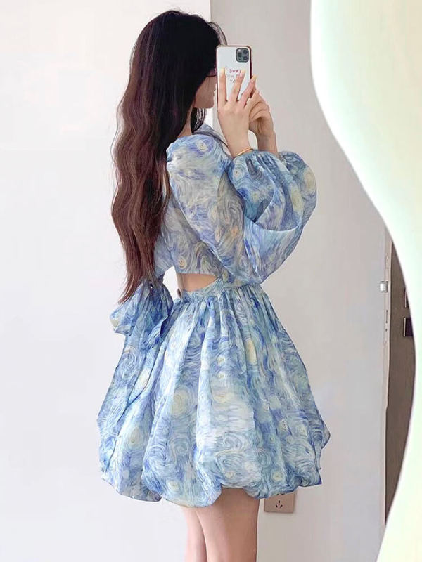 TWOTWINSTYLE Hollow Out Mini Dresses For Women Square Collat Puff Sleeve High Waist Spliced Bow Elegant Dress Female Fashion New