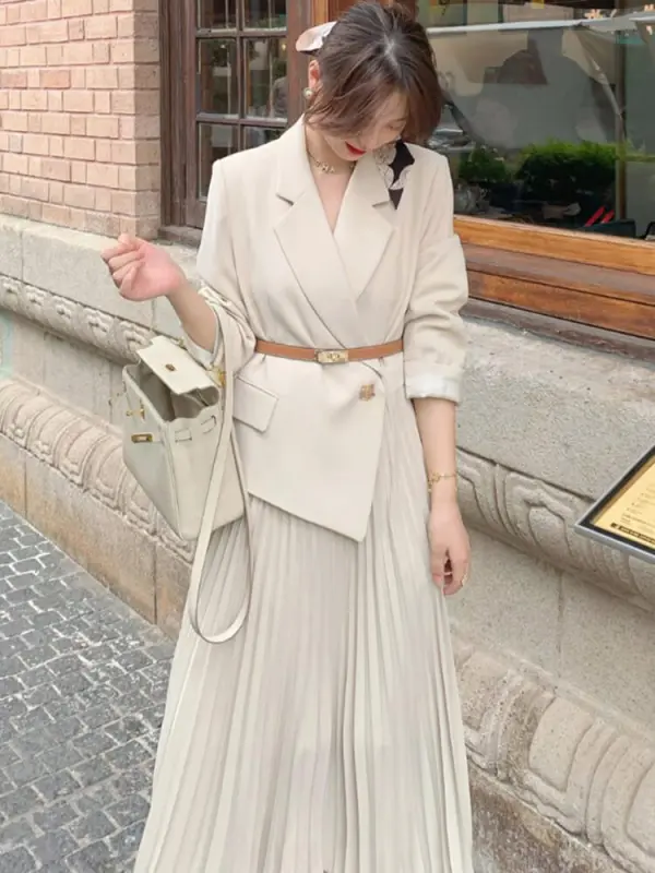 TWOTWINSTYLE Pleated Dresses For Women Notched Collar Long Sleeve High Waist Splcied Button Elegant Dress Female Fashion Clothes