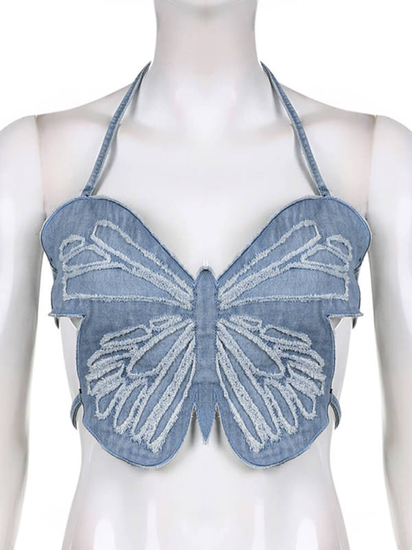 TWOTWINSTYLE Bow Tank Tops For Women Halther Sleeveless Patchwork Lace Up Sexy Denim Vest Female Fashion Style Summer Clothing