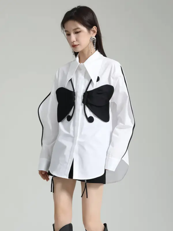 TWOTWINSTYLE Colorblock Patchwork Bow Shirts For Women Lapel Long Sleeve Single Breasted Loose Blouse Female Summer 2023 Fashion